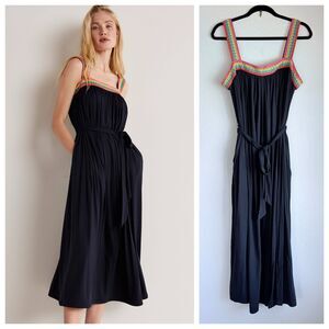 NWT Boden Women's Crochet Trim Jersey Self-Tie Belted Maxi Dress in Navy Size 10